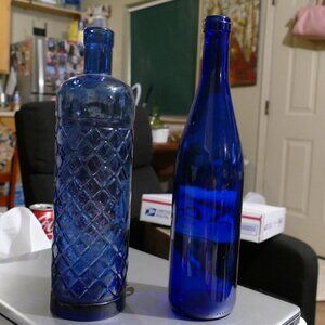 Set of Two Cobalt Blue Decorative Glass Bottles
